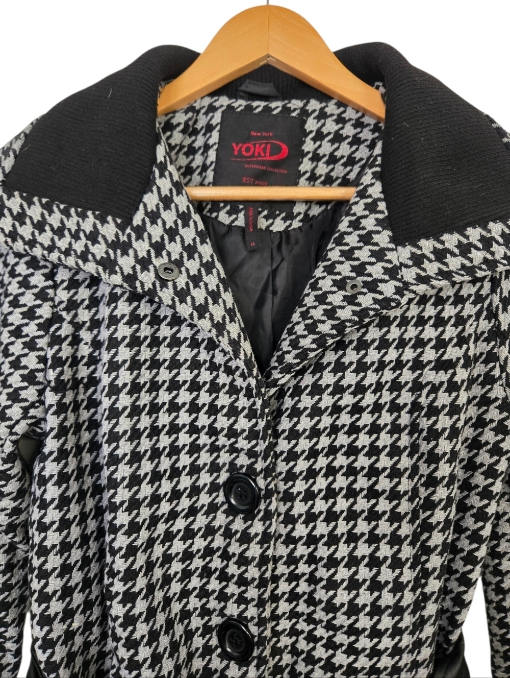 Y2K YOKI Houndstooth Belted Coat Black White Faux Leather Trim Medium - Picture 5 of 10